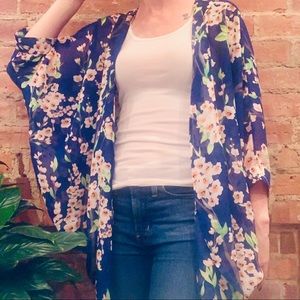 Floral Print Kimono | Blue, white, and orange | S